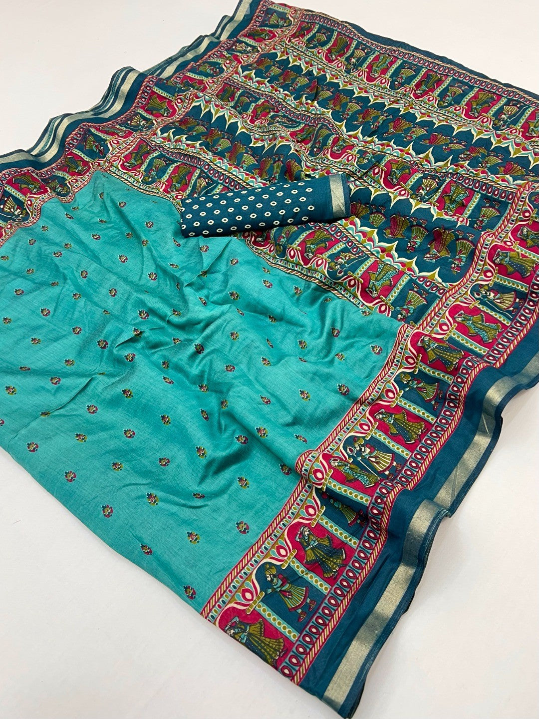 Rama Blue Viscose Saree with Fancy Print and Zari Border - Image 3