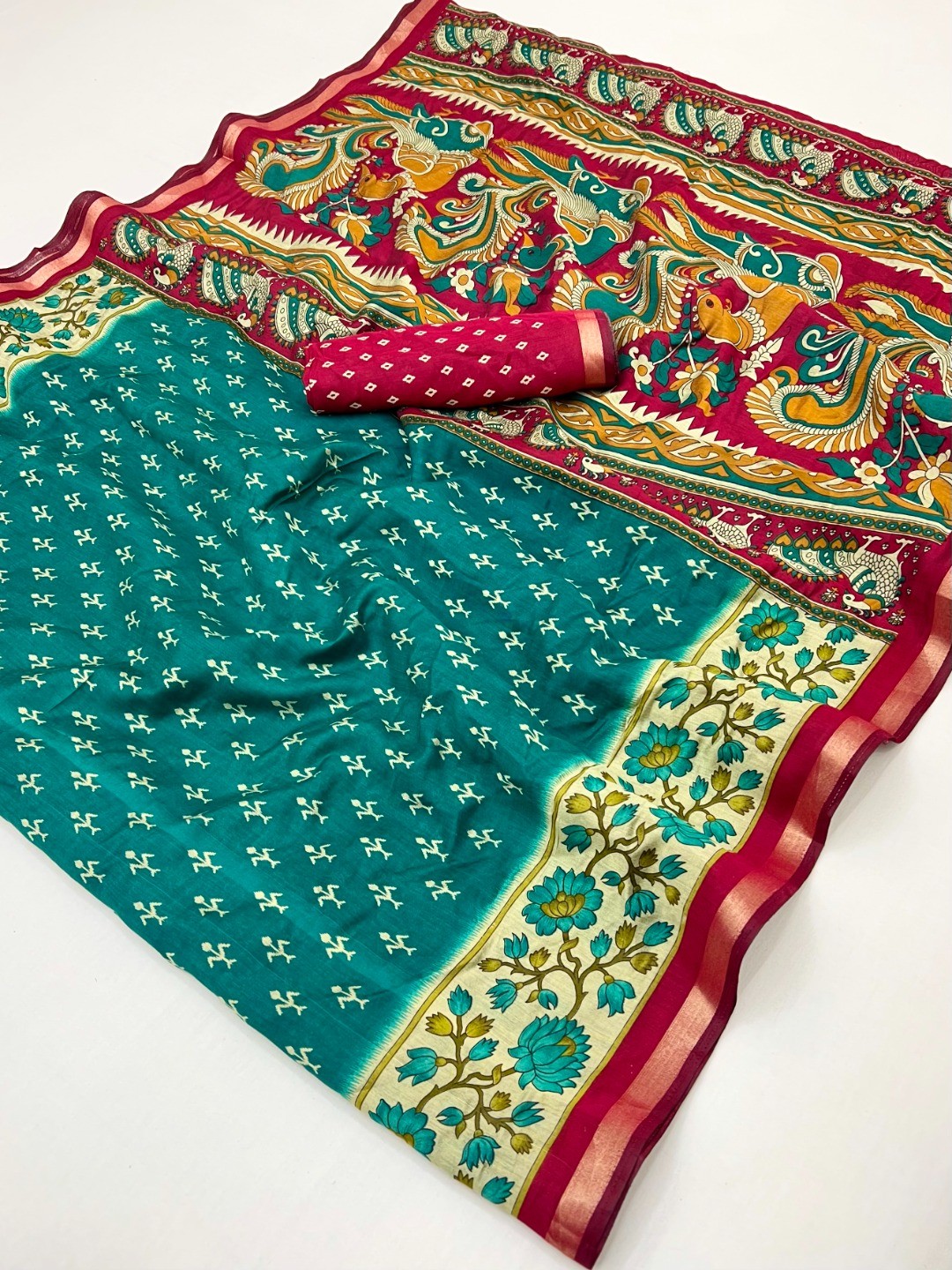 Rama Blue Viscose Saree with Fancy Print and Zari Border - Image 3
