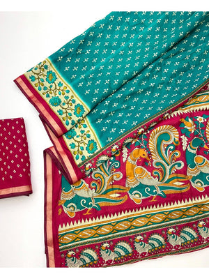 Rama Blue Viscose Saree with Fancy Print and Zari Border - Image 2