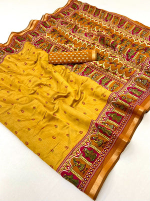 Graceful Yellow Viscose Saree with Ethnic Print and Golden Border - Image 2
