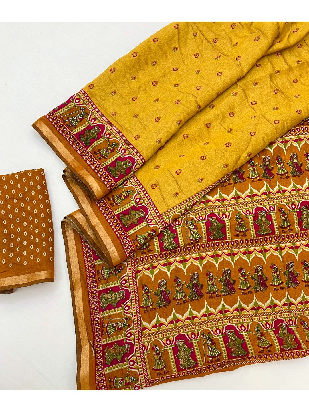 Graceful Yellow Viscose Saree with Ethnic Print and Golden Border - Image 2