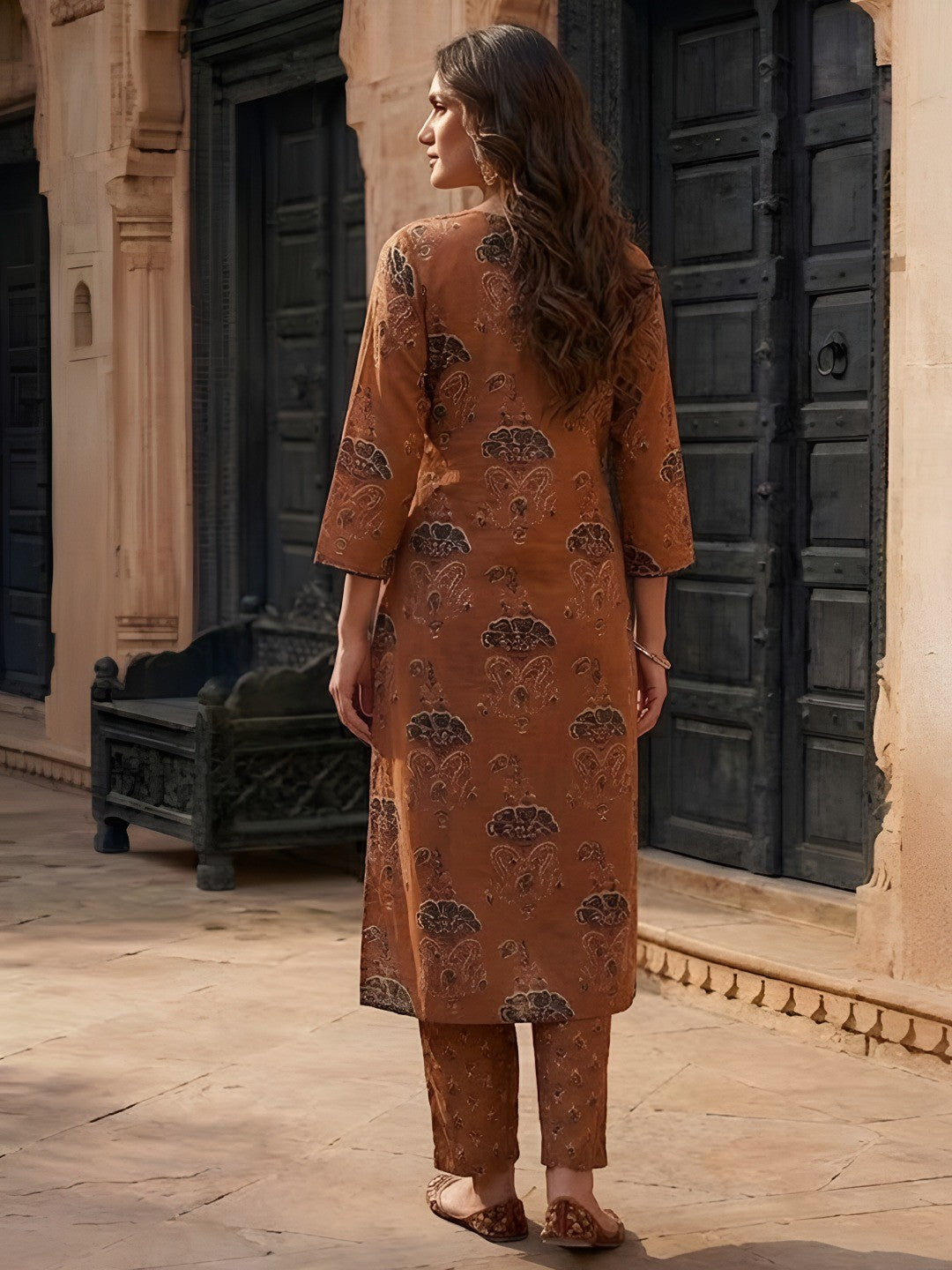 Elegant Rust Floral Printed Pure Cotton Salwar Suit Set - Image 3