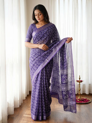 Navy Blue Digital Print Pure Cotton Saree with Zari Border - Image 1