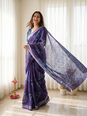 Elegant Geometric Printed Navy Blue Pure Cotton Saree with Zari Border - Image 1