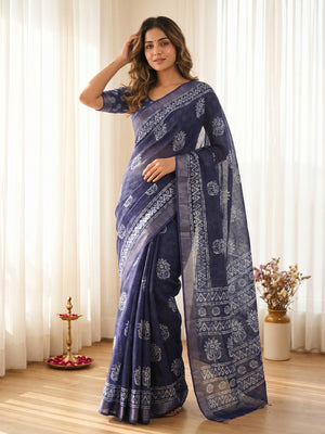 Blue Digital Printed Pure Cotton Saree with Zari Border Soft Comfortable Style - Image 1