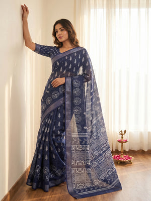 Designer Blue Pure Cotton Saree with Digital Print and Zari Border Chic Look - Image 1