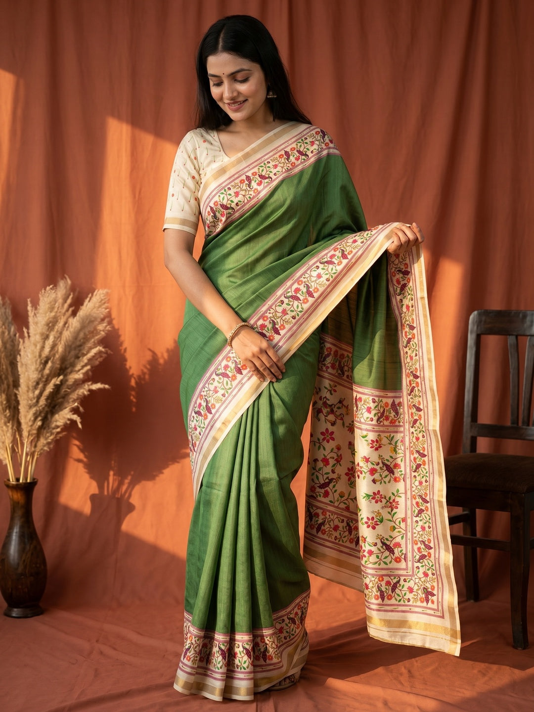 Green Digital Printed Dola Silk Saree with Zari Border Lightweight Ethnic Wear - Image 1