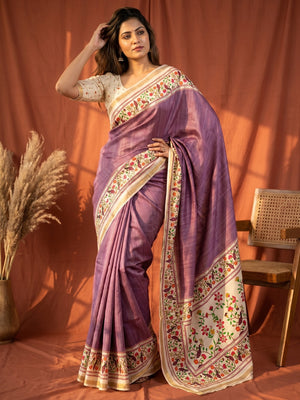Purple Digital Printed Dola Silk Saree with Zari Border Lightweight Ethnic Wear - Image 1