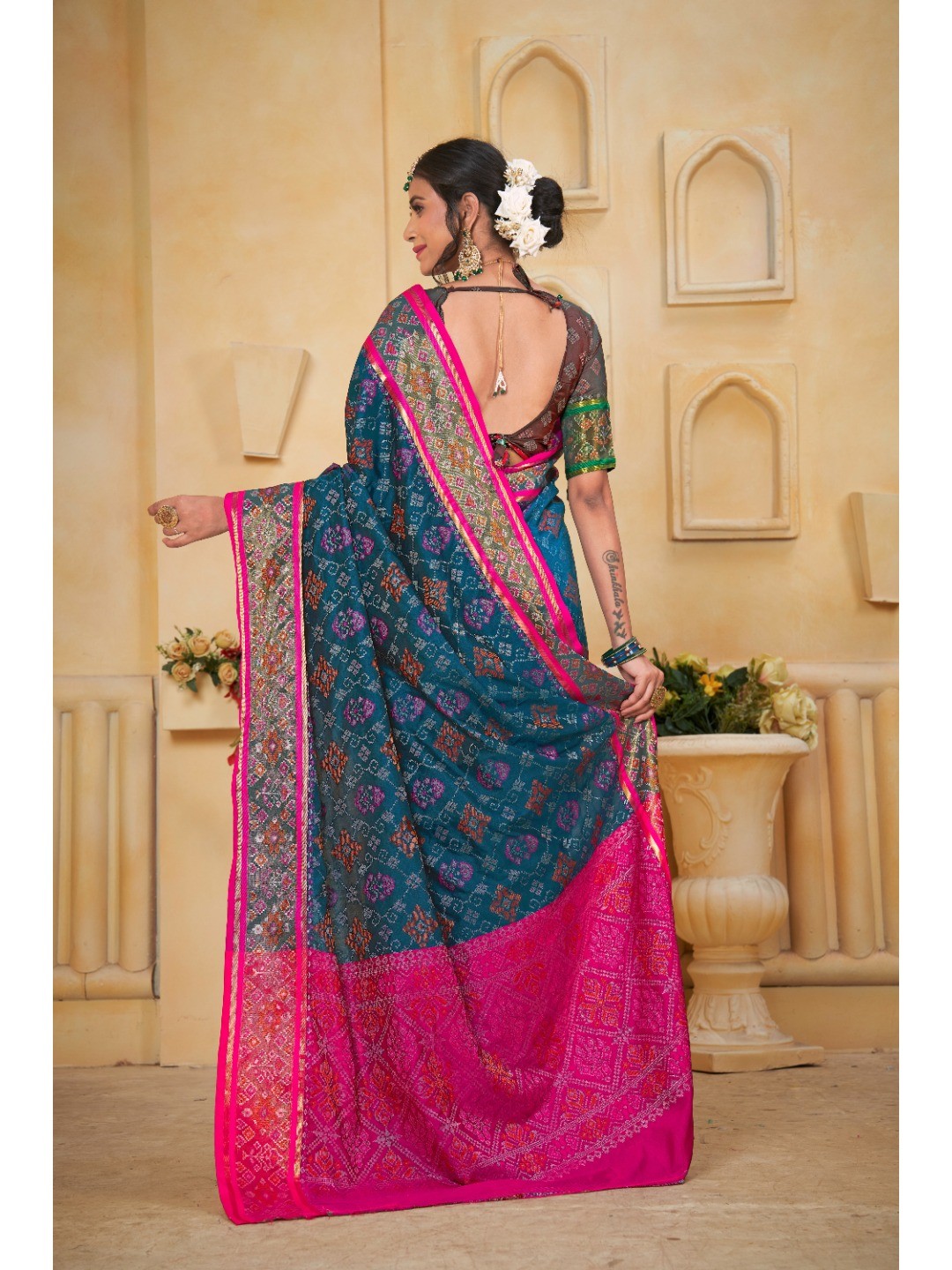 Designer Teal Blue Banarasi Silk Saree With Intricate Patola Zari Weaving & Fancy Border - Image 4