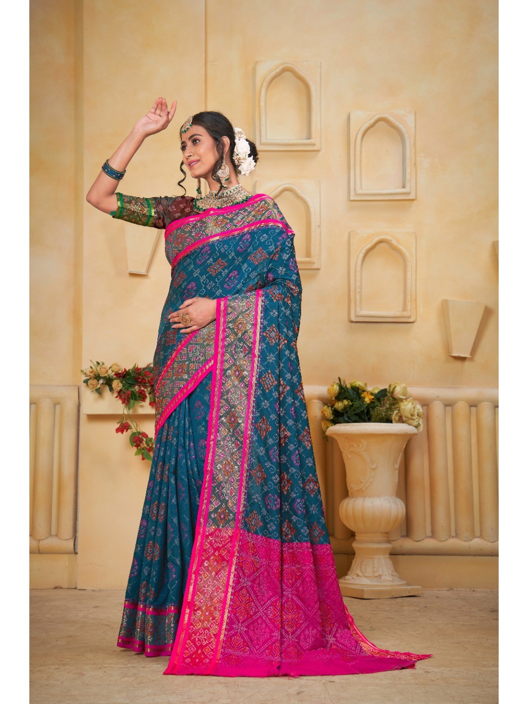 Designer Teal Blue Banarasi Silk Saree With Intricate Patola Zari Weaving & Fancy Border - Image 5