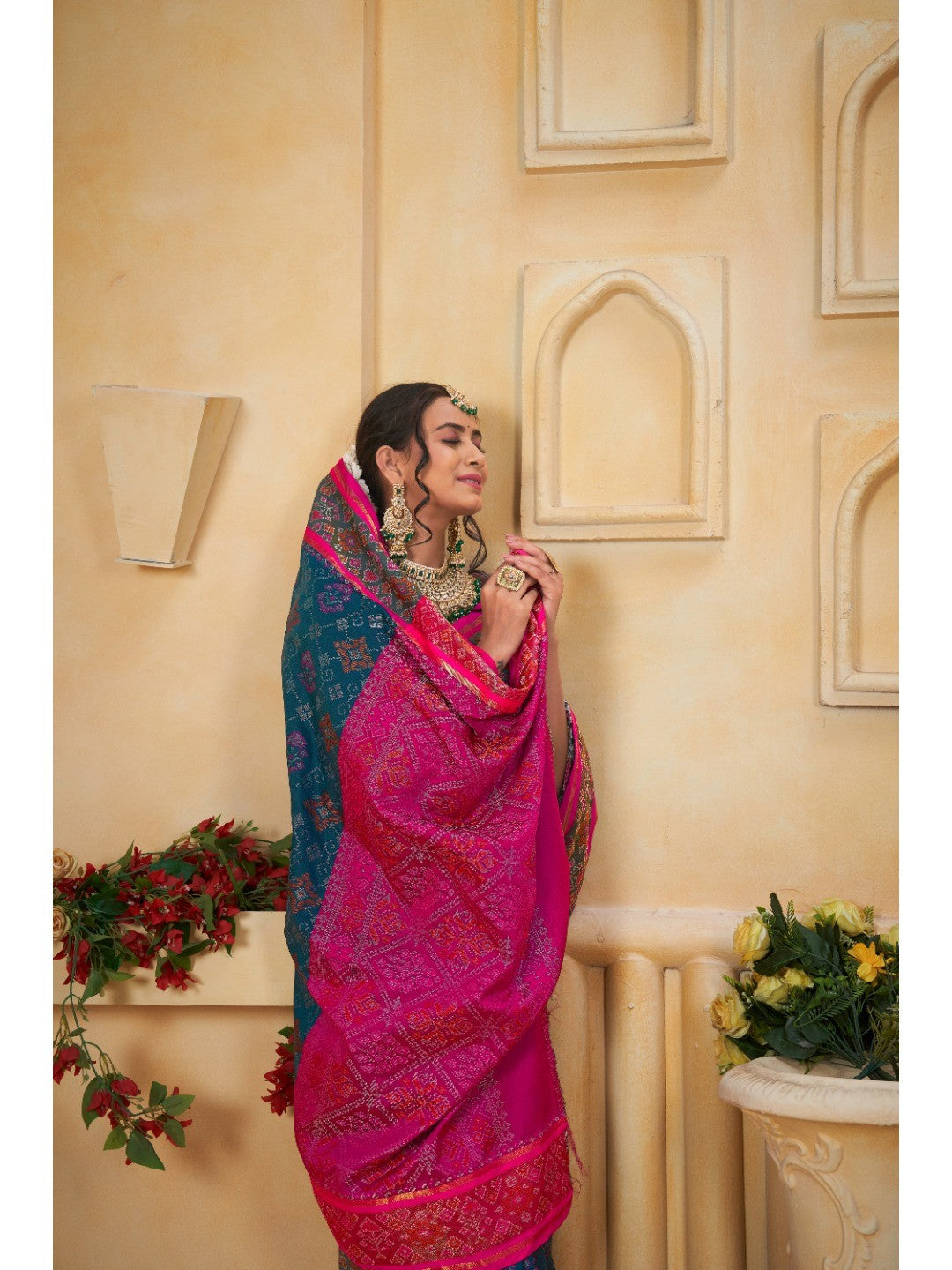 Designer Teal Blue Banarasi Silk Saree With Intricate Patola Zari Weaving & Fancy Border - Image 3