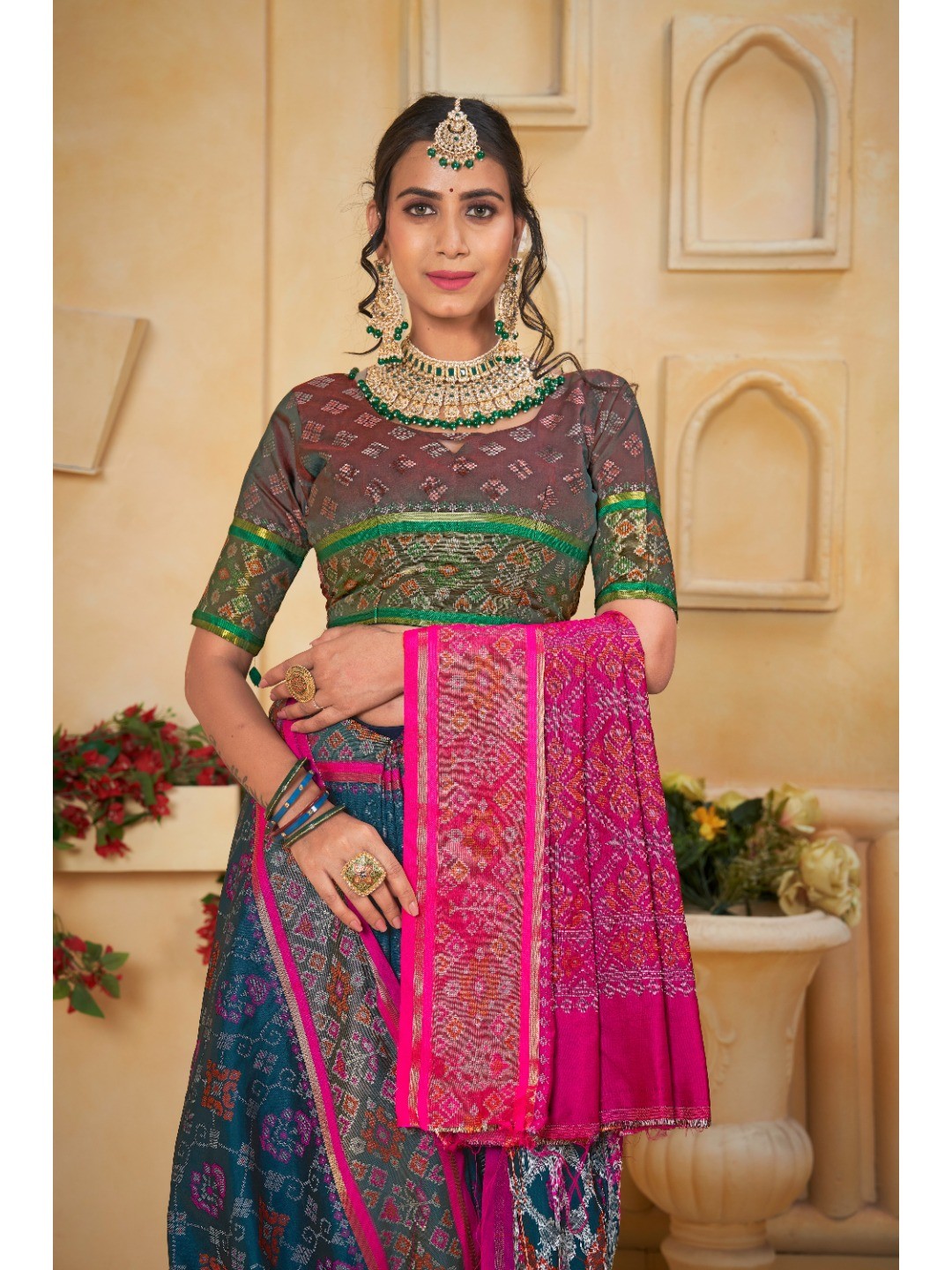 Designer Teal Blue Banarasi Silk Saree With Intricate Patola Zari Weaving & Fancy Border - Image 2
