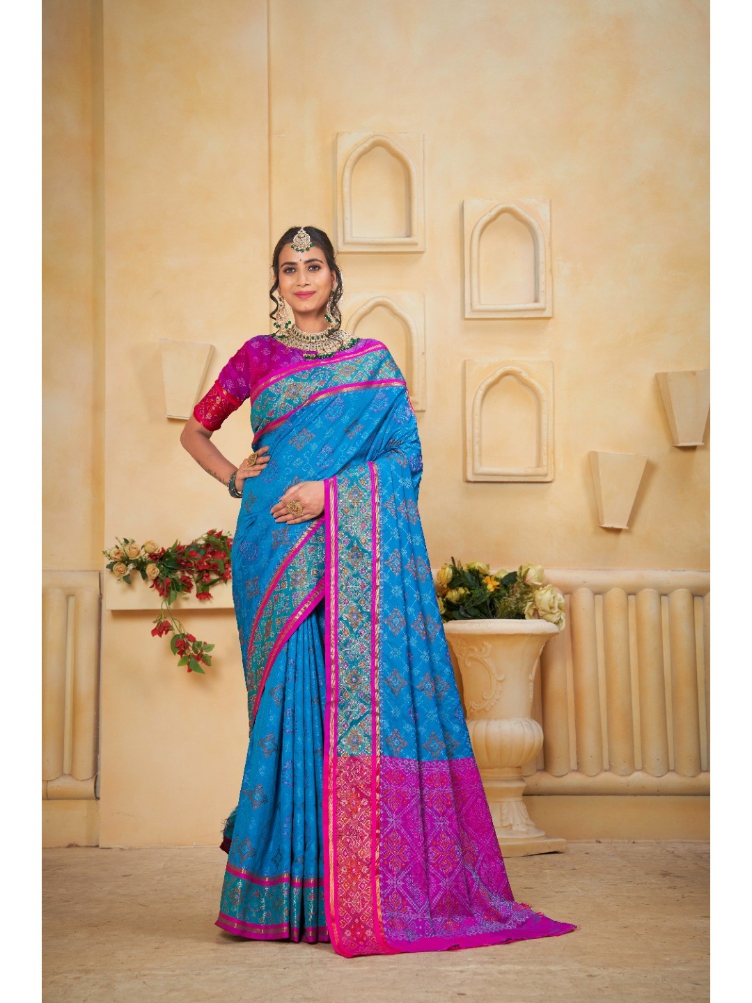 Designer Sky Blue Banarasi Silk Saree With Intricate Patola Zari Weaving & Fancy Border - Image 1
