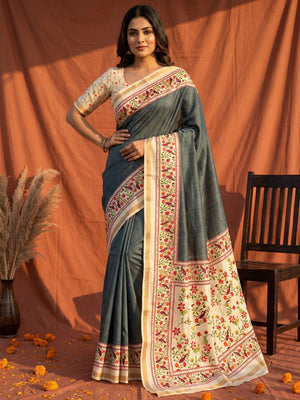 Digital Printed Grey Dola Silk Saree with Zari Border Elegant Festive Ethnic Wear - Image 1