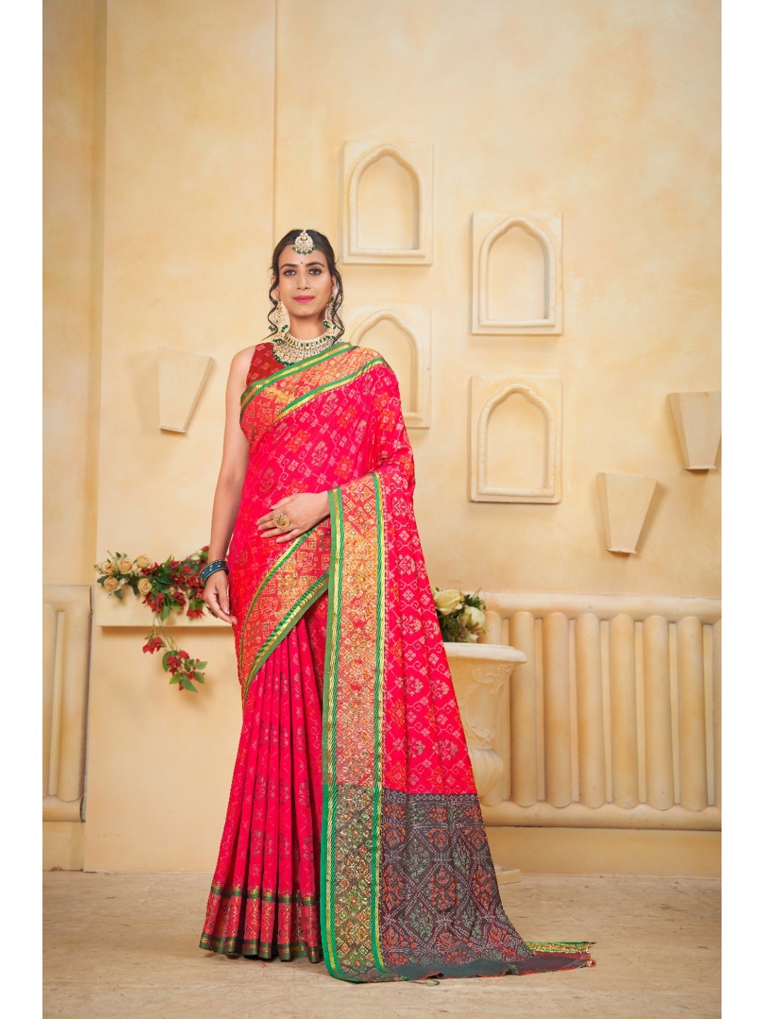 Designer Red Banarasi Silk Saree With Intricate Patola Zari Weaving & Fancy Border - Image 1