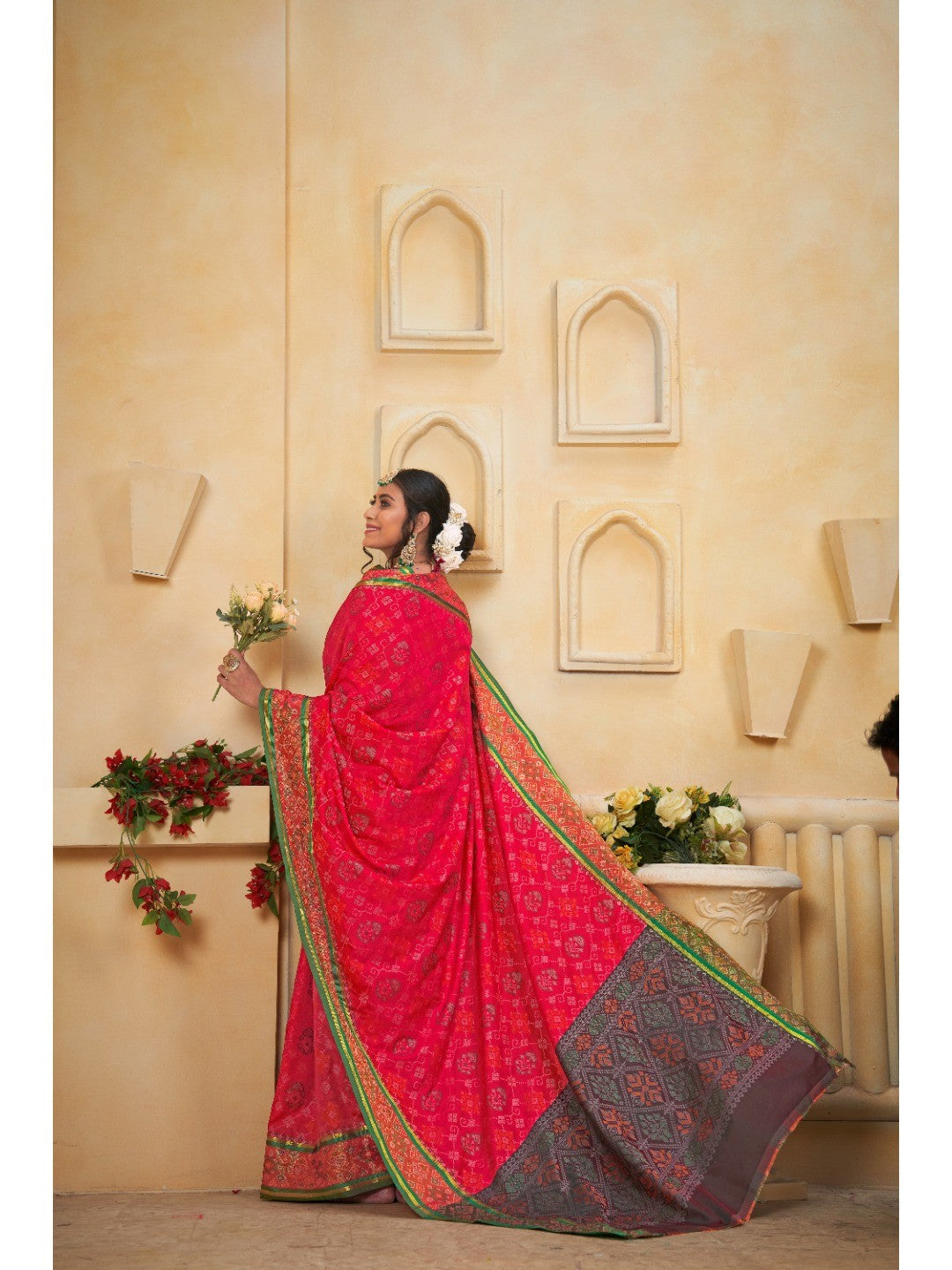 Designer Red Banarasi Silk Saree With Intricate Patola Zari Weaving & Fancy Border - Image 3