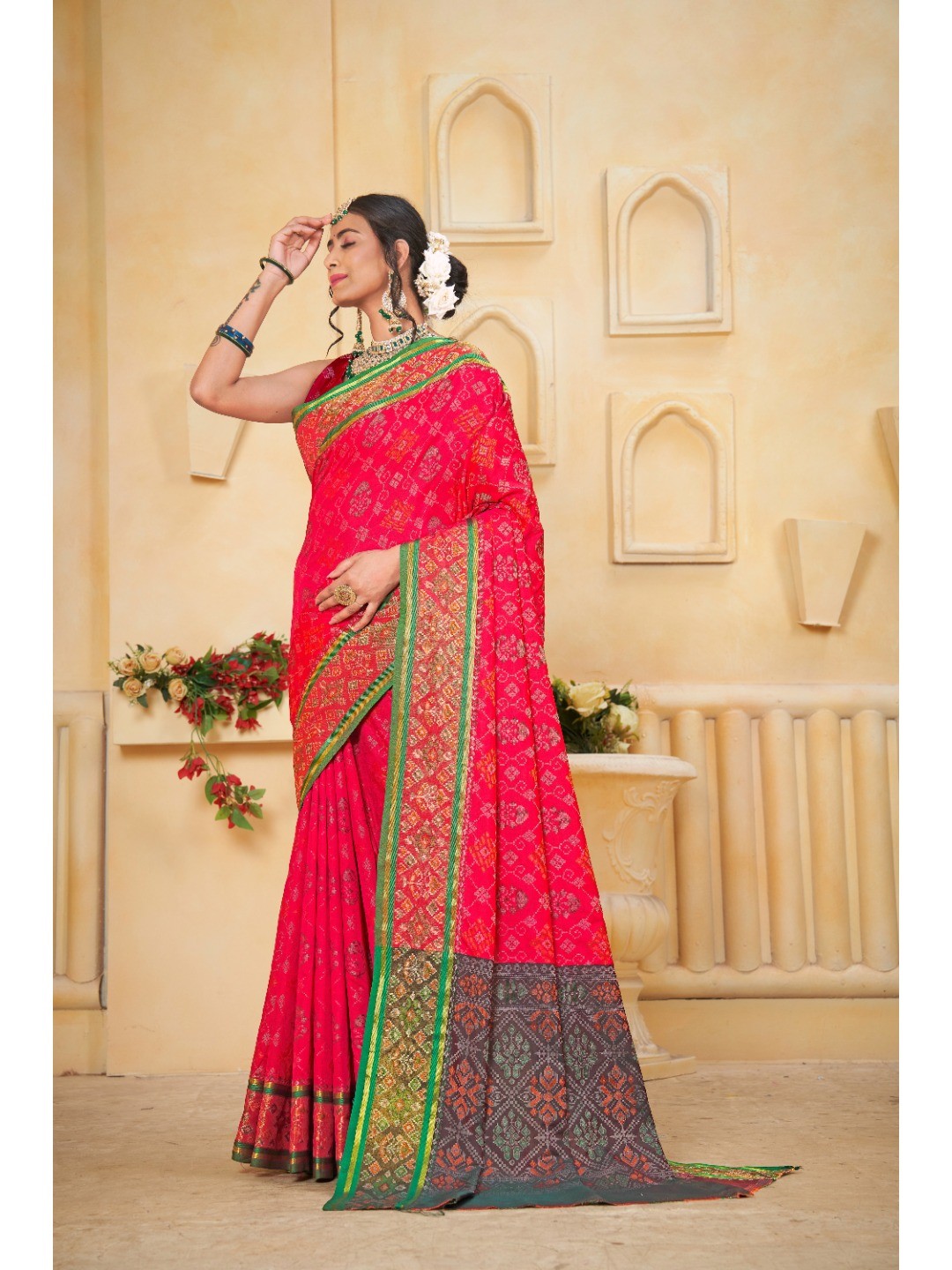 Designer Red Banarasi Silk Saree With Intricate Patola Zari Weaving & Fancy Border - Image 4