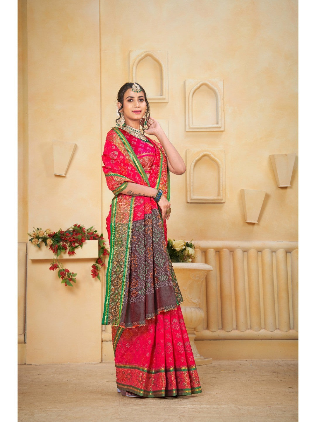 Designer Red Banarasi Silk Saree With Intricate Patola Zari Weaving & Fancy Border - Image 5