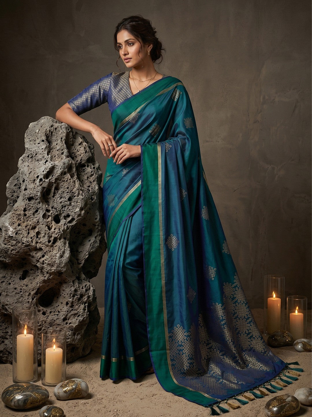 Rama Green Silk Blend Designer Saree with Ethnic Zari Work - Image 1