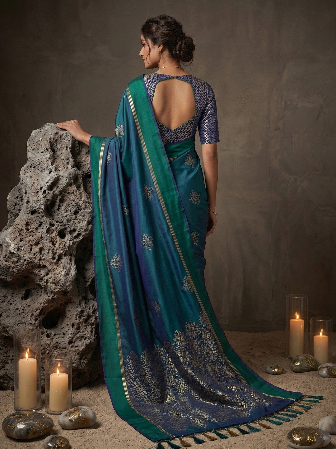 Rama Green Silk Blend Designer Saree with Ethnic Zari Work - Image 4