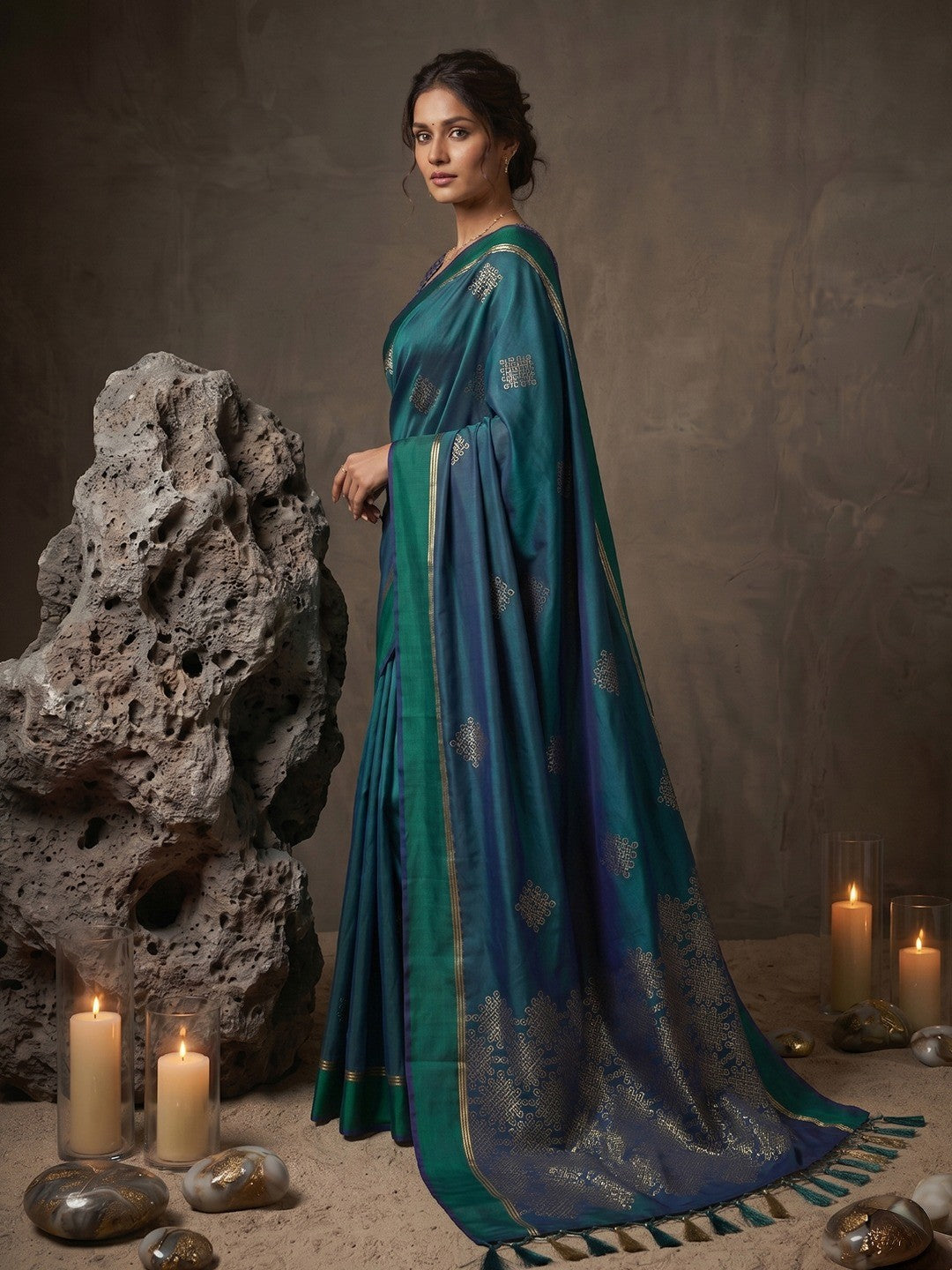 Rama Green Silk Blend Designer Saree with Ethnic Zari Work - Image 2