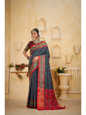 Designer Grey Banarasi Silk Saree With Intricate Patola Zari Weaving & Fancy Border - Image 1