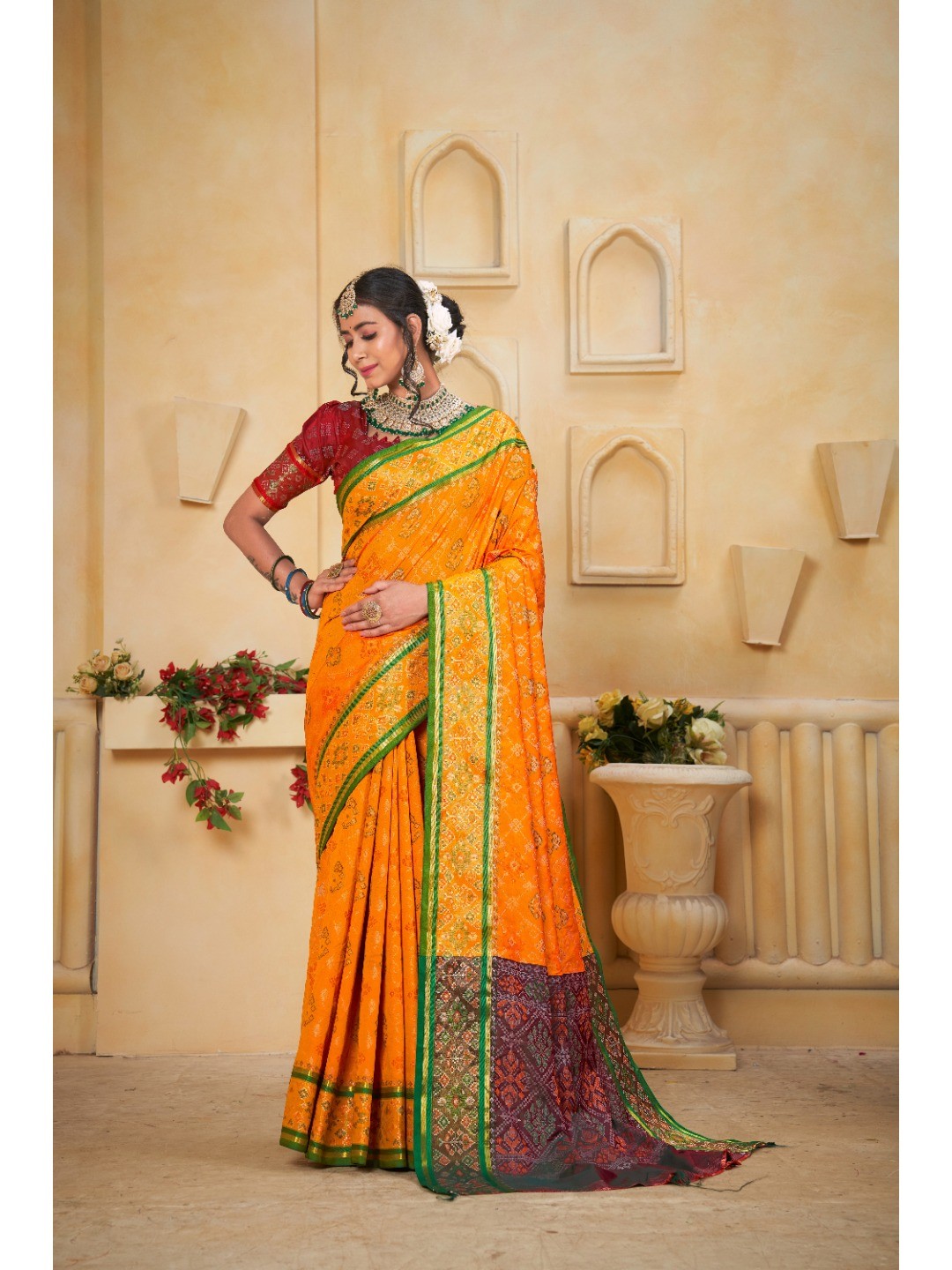 Designer Mustard Banarasi Silk Saree With Intricate Patola Zari Weaving & Fancy Border - Image 1