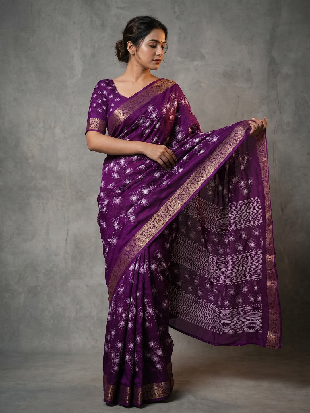 Elegant Floral Printed Dola Silk Saree in Violet with Zari Border - Image 1