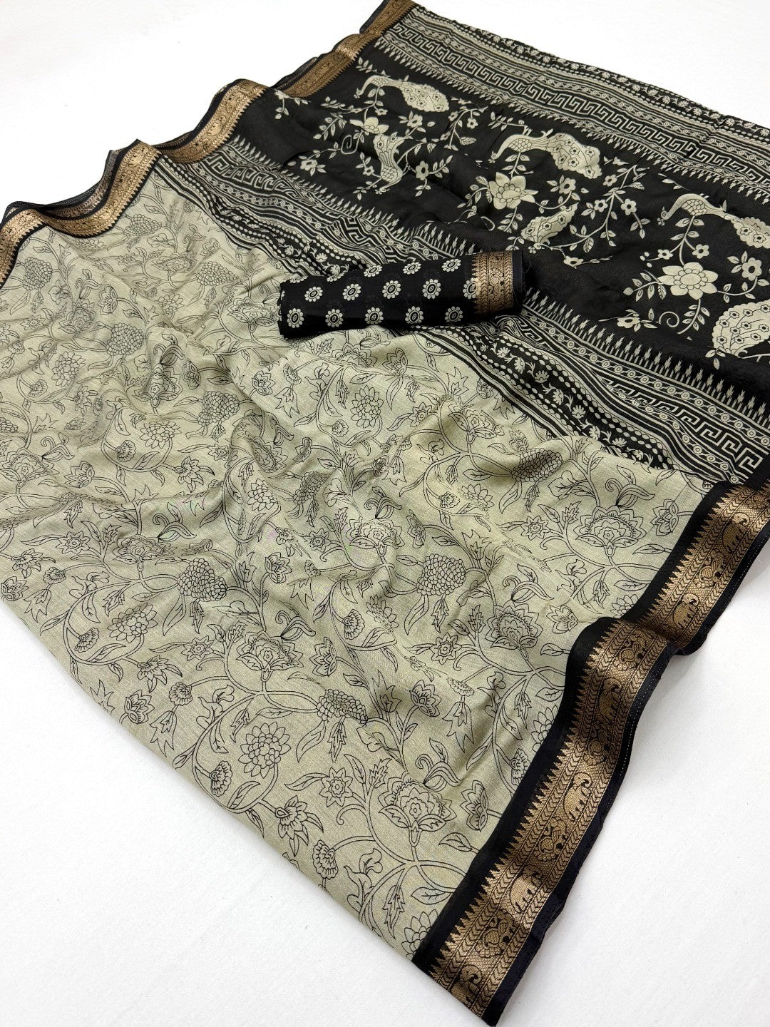 Elegant Beige & Black Viscose Saree with Floral Print and Jacquard Border - Image 3