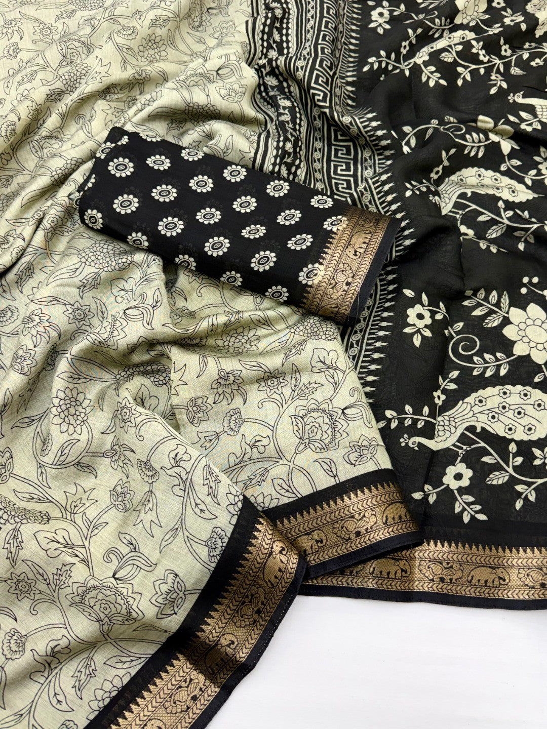 Elegant Beige & Black Viscose Saree with Floral Print and Jacquard Border - Image 2