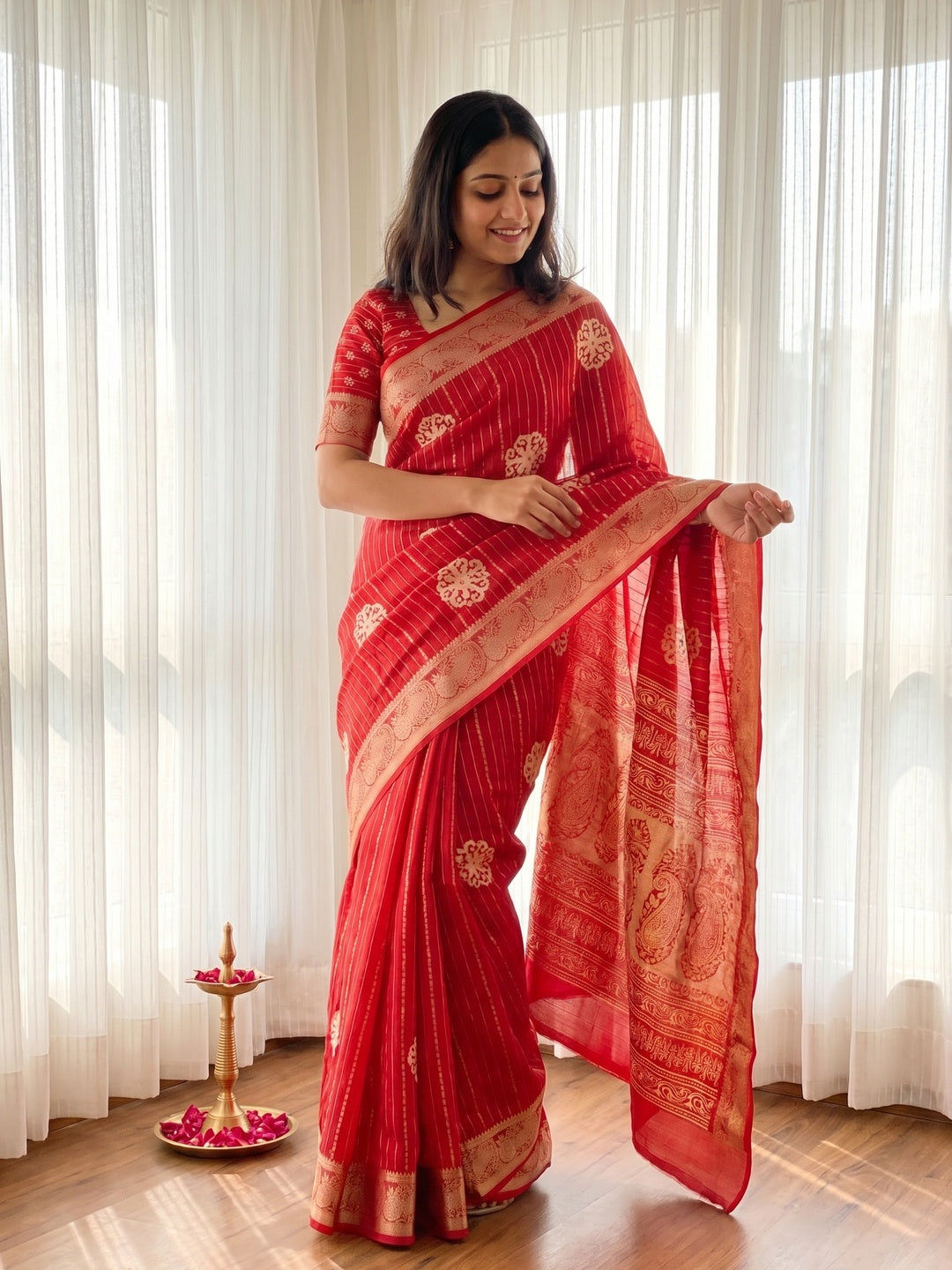 Elegant Red Crepe Silk Saree with Zari Woven Jacquard Border - Image 1