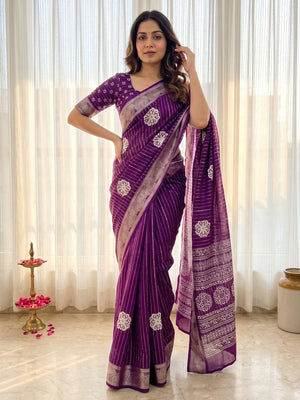 Elegant Striped Purple Crepe Silk Saree with Zari Jacquard Border - Image 1