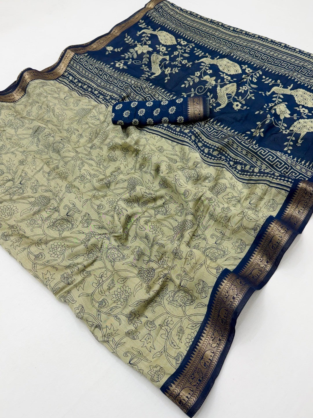 Beige & Navy Blue Viscose Saree with Floral Print and Jacquard Border - Image 2