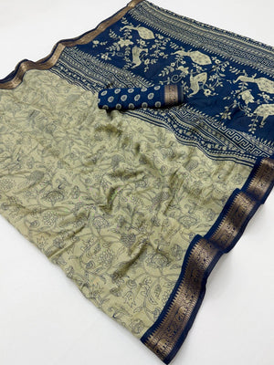 Beige & Navy Blue Viscose Saree with Floral Print and Jacquard Border - Image 2