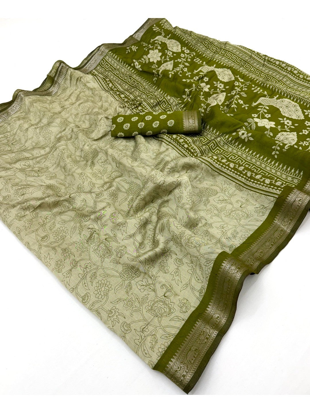 Elegant Beige & Green Viscose Saree with Fancy Floral Print and Jacquard Border - Image 2