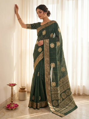 Elegant Green Crepe Saree with Striped Pattern and Jacquard Border - Image 1