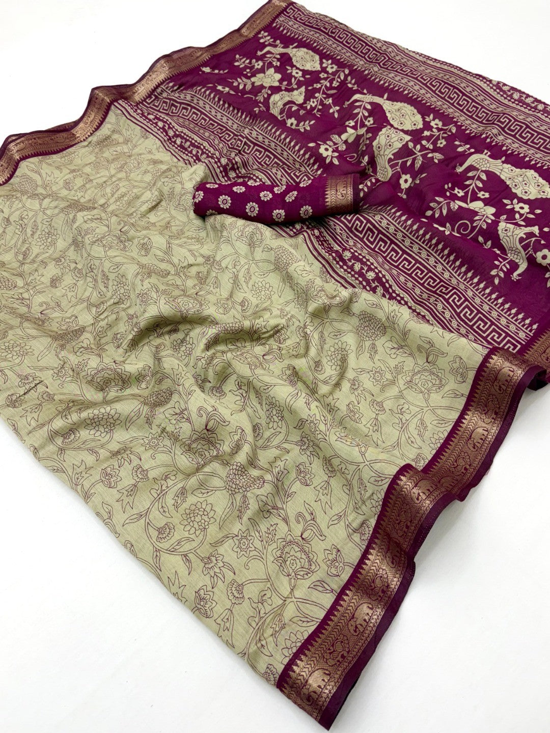 Beige & Wine Floral Printed Viscose Saree with Jacquard Border - Image 3
