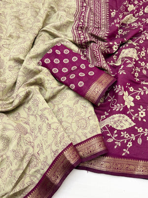 Beige & Wine Floral Printed Viscose Saree with Jacquard Border - Image 2