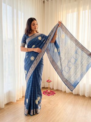 Teal Crepe Saree with Striped Pattern and Zari Jacquard Border - Image 1