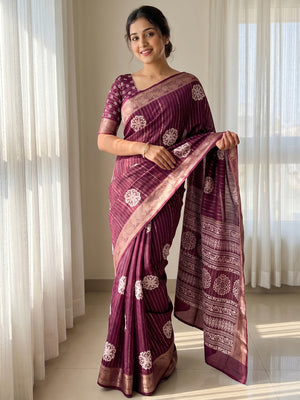 Wine Striped Crepe Saree with Zari Jacquard Border - Image 1