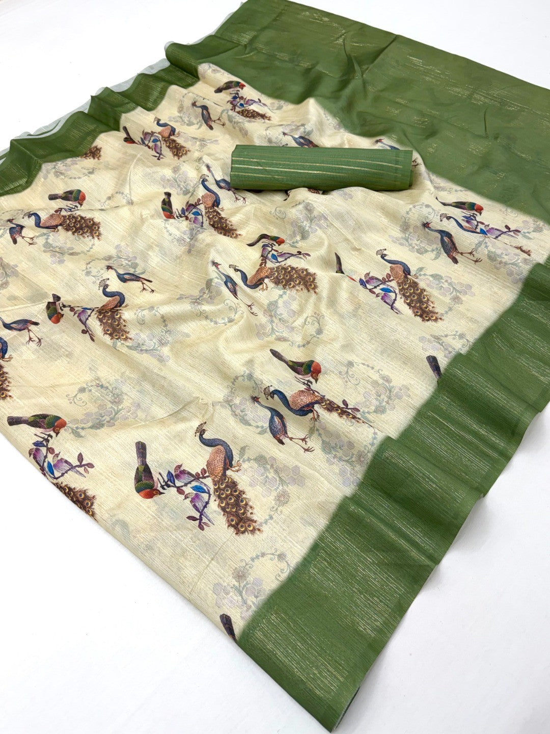 Stunning Cream & Green Digital Printed Cotton Blend Saree With Peacock Motifs - Image 3