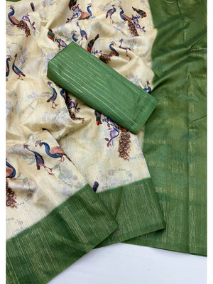 Stunning Cream & Green Digital Printed Cotton Blend Saree With Peacock Motifs - Image 2