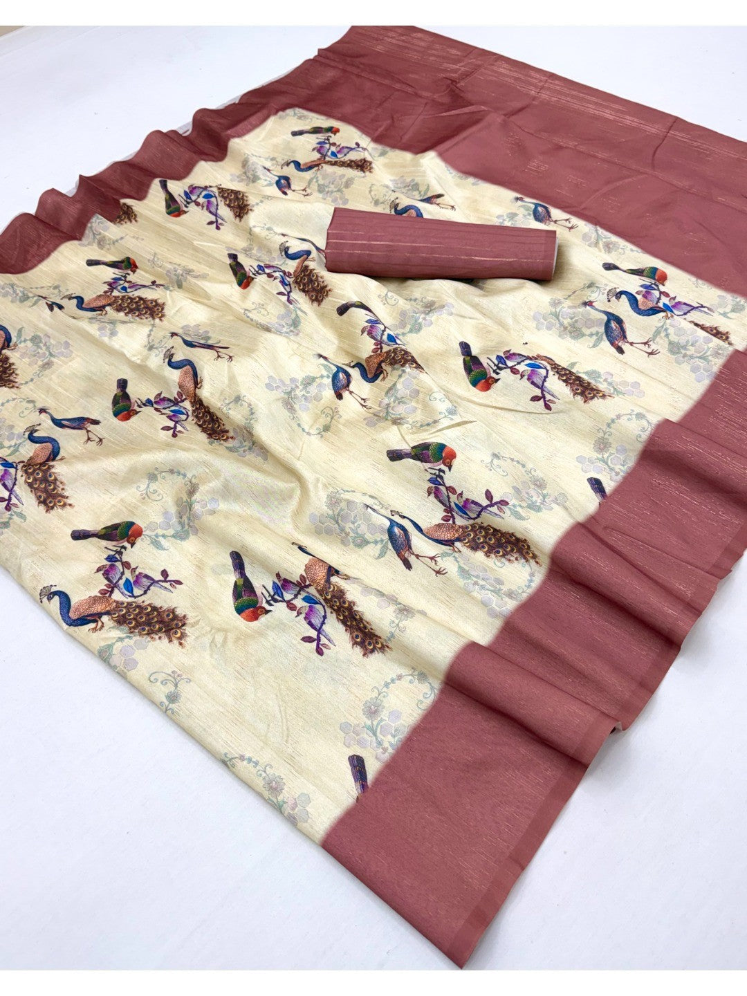 Stunning Cream & Dusty Rose Digital Printed Cotton Blend Saree With Peacock Motifs - Image 3