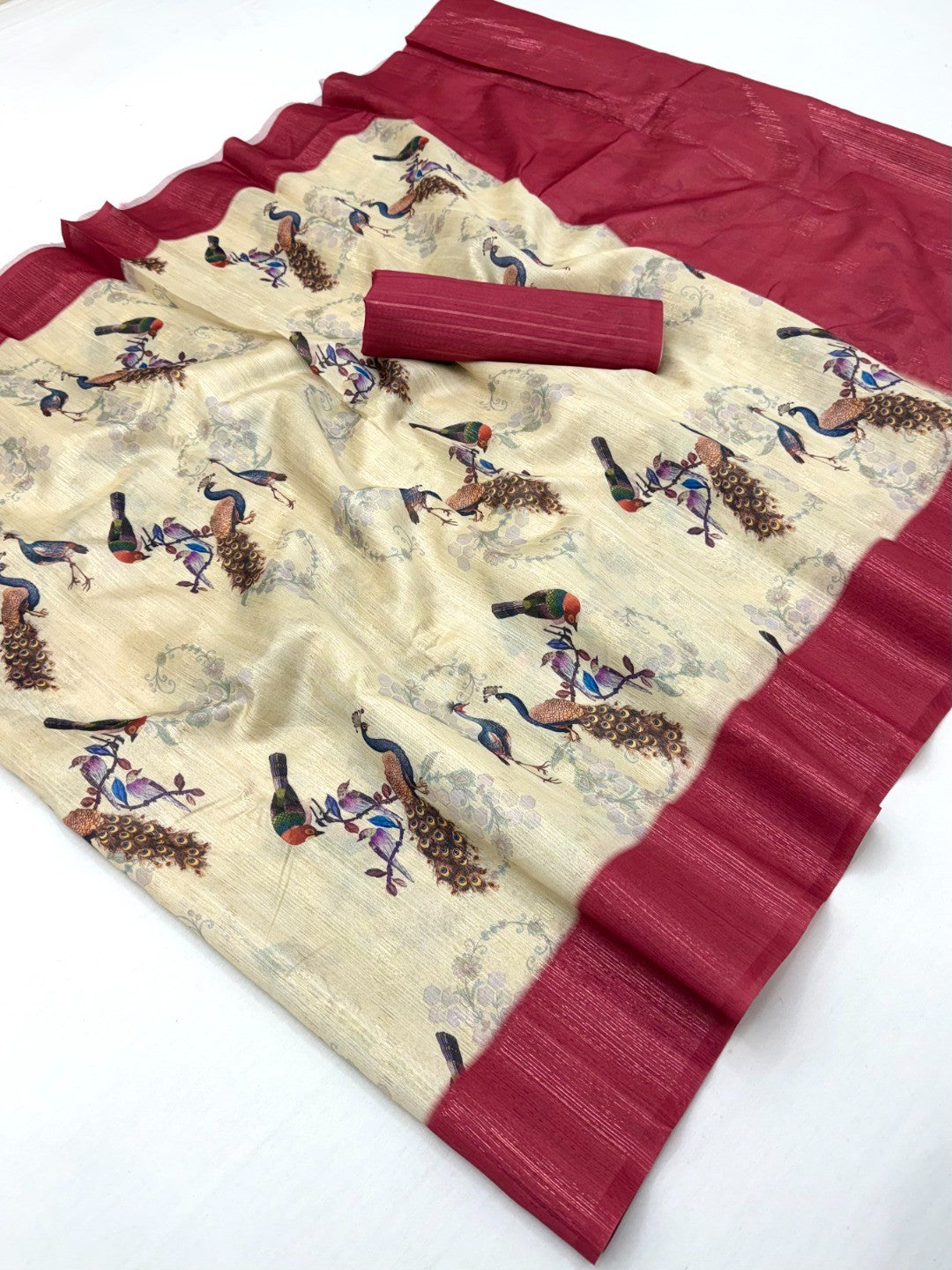 Stunning Cream & Pink Digital Printed Cotton Blend Saree With Peacock Motifs - Image 2