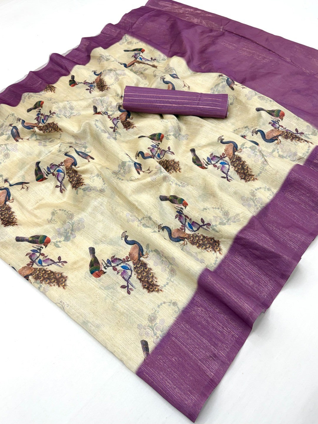 Stunning Cream & Purple Digital Printed Cotton Blend Saree With Peacock Motifs - Image 3