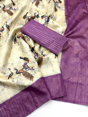 Stunning Cream & Purple Digital Printed Cotton Blend Saree With Peacock Motifs - Image 2