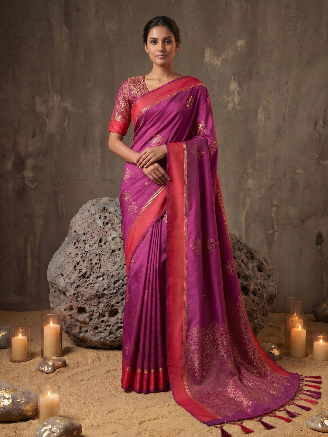 Luxurious Magenta Silk Blend Saree Featuring Elegant Zari Weaving Work & Tassel Accents - Image 1