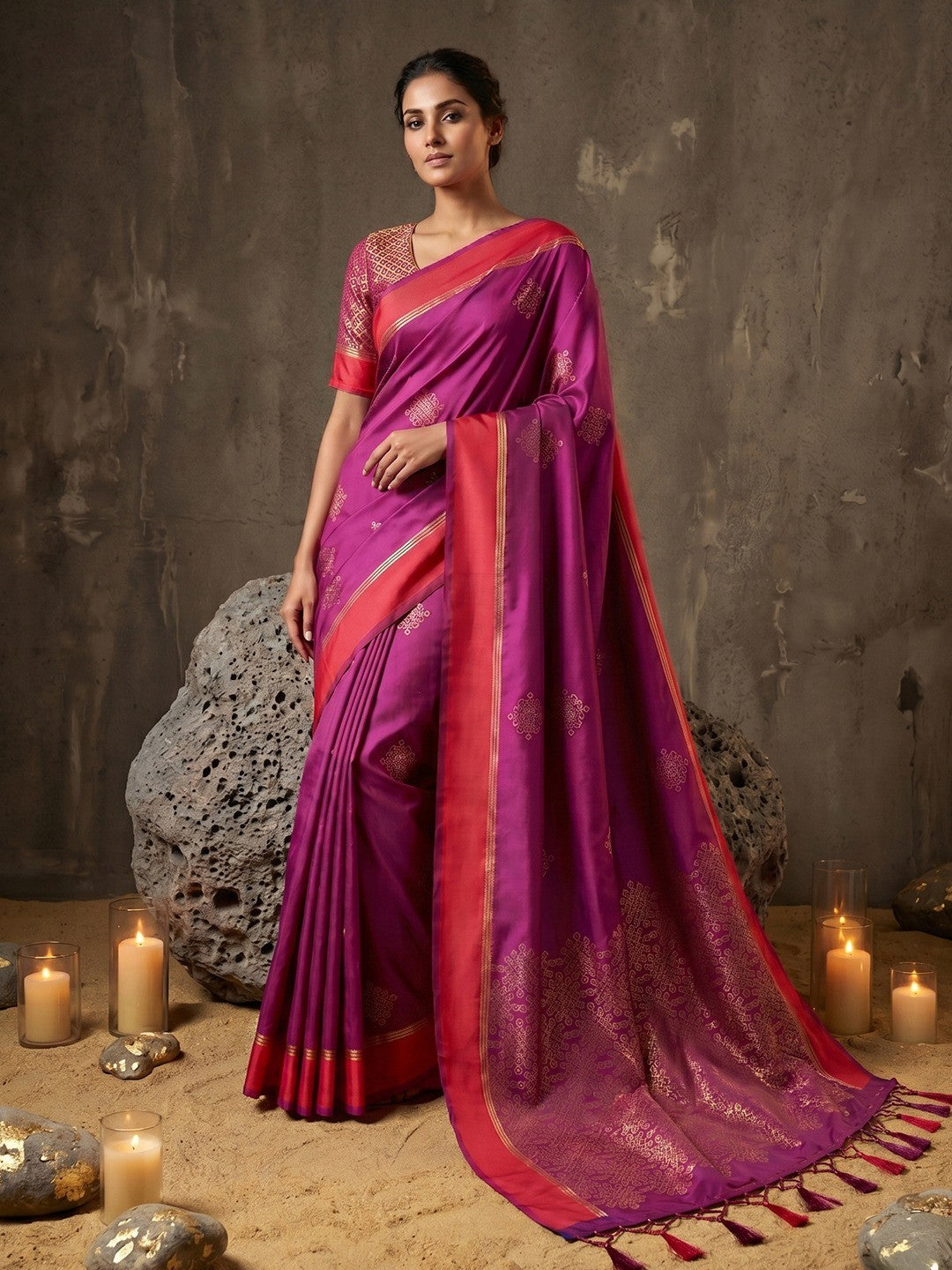 Luxurious Magenta Silk Blend Saree Featuring Elegant Zari Weaving Work & Tassel Accents - Image 3