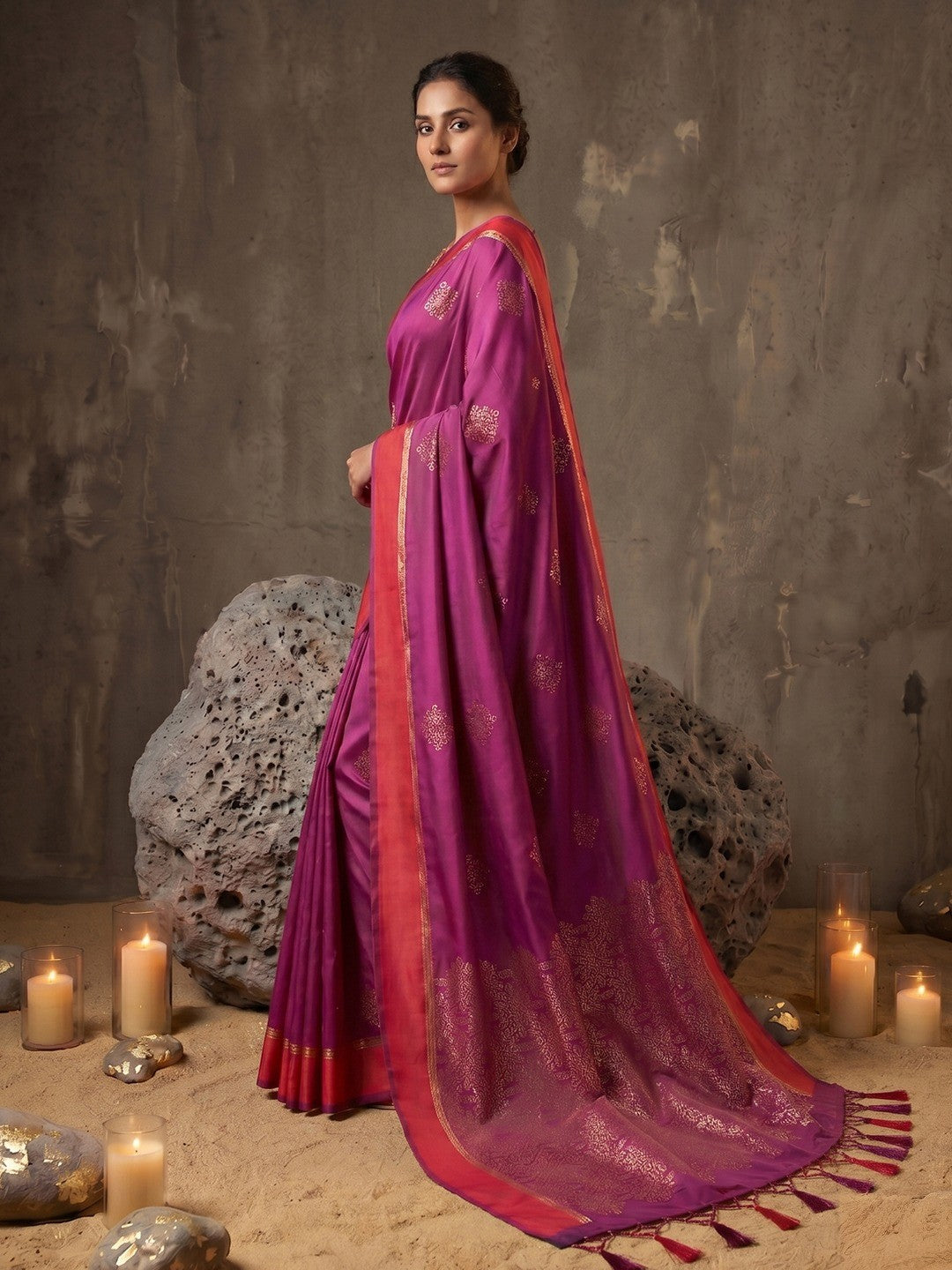 Luxurious Magenta Silk Blend Saree Featuring Elegant Zari Weaving Work & Tassel Accents - Image 2