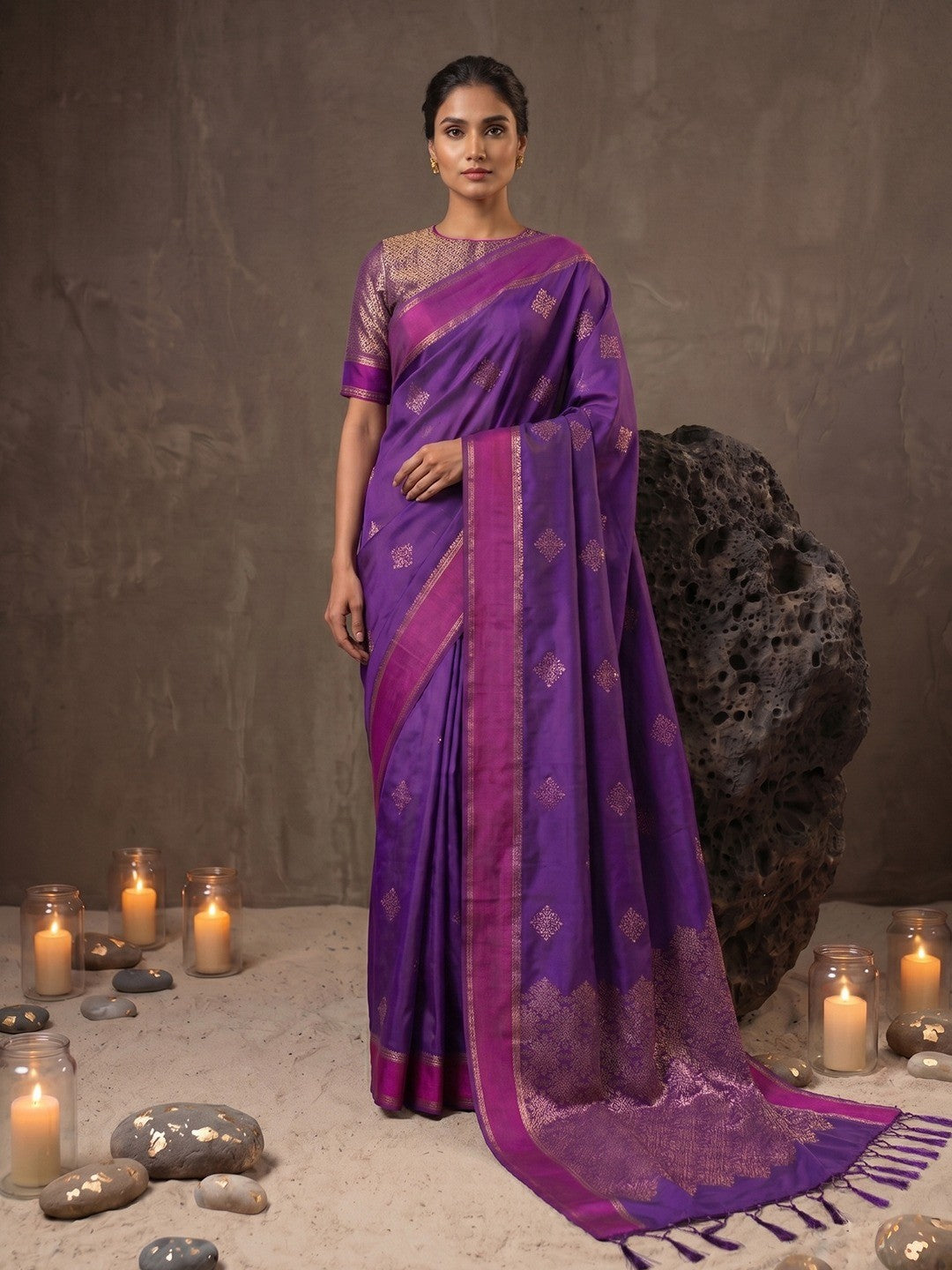 Luxurious Purple Silk Blend Saree Featuring Elegant Zari Weaving Work & Tassel Accents - Image 1